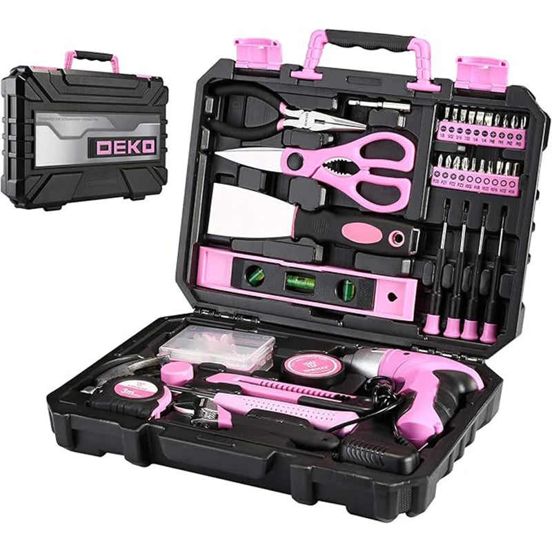 DEKO DKMT98-GP Pink 98-Piece Tool Set – General Household & Woodworking Kit with Plastic Storage Case