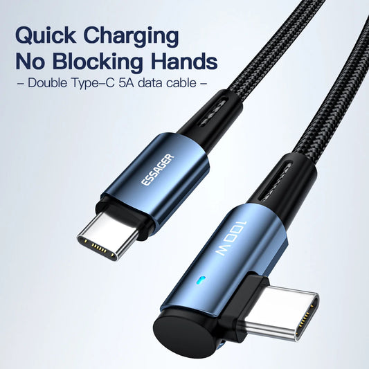 Essager 100W 90° USB-C to USB-C Cable for Fast Charging iPad, MacBook Pro, Xiaomi, Samsung, Huawei