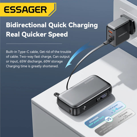 Essager Power+ 65W Power Bank – 15000mAh Portable with USB-C Cable