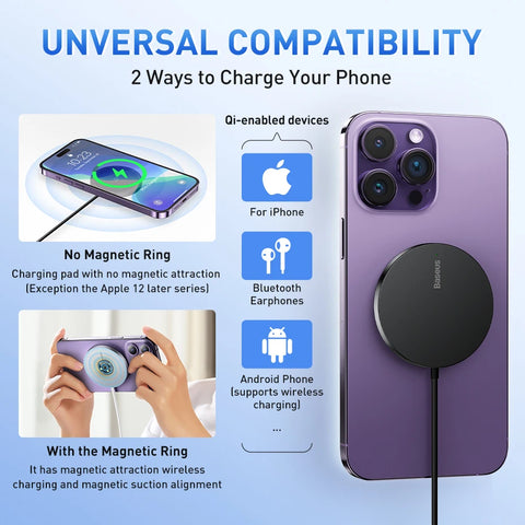 Baseus 15W Magnetic Wireless Charger for iPhone 14/15/16 - Fast Qi Charging Pad for Mini & Standard Models