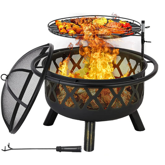 Multifunctional Fire Pit with Spark Guard & Adjustable Grill