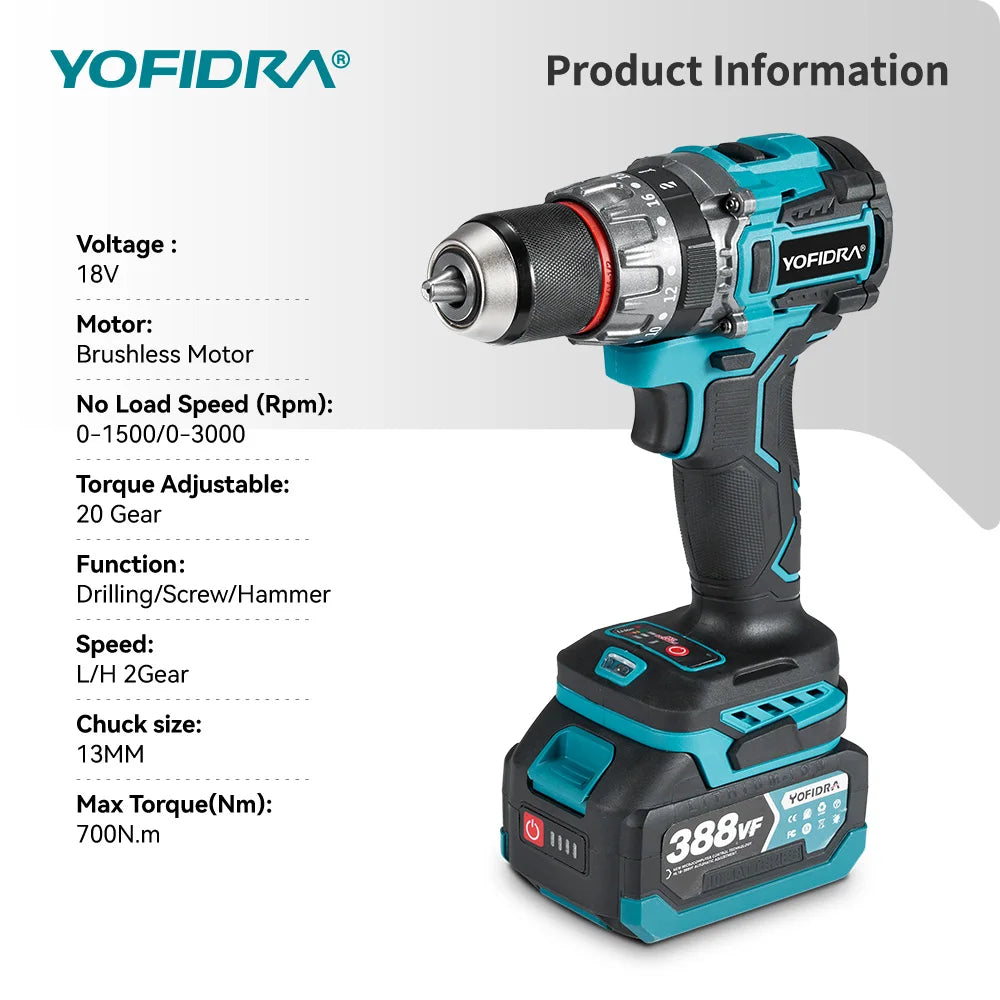 YOFIDRA 700Nm Brushless Cordless Impact Drill – Electric Screwdriver for Woodworking, Flooring & Panels, Compatible with Makita Battery Pin