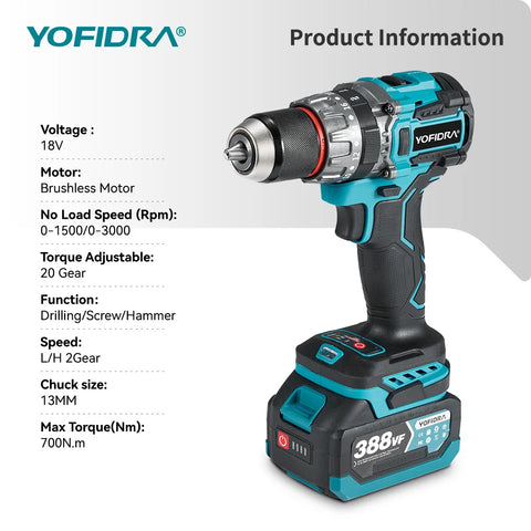YOFIDRA 700Nm borstelloze snoerloze slagboormachine – elektrische schroevendraaier voor houtbewerking, vloeren en panelen, compatibel met Makita accupen