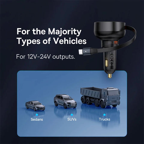 Baseus 60W Fast Car Charger with Retractable Cable & Dual Ports for iPhone 16/15/14/13 Pro and Samsung
