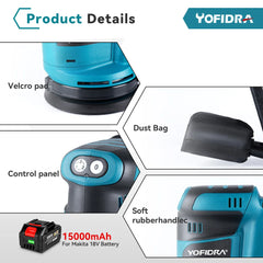 YOFIDRA 125mm Cordless Electric Orbital Sander – Woodworking Grinding & Polishing Tool for Makita Battery Pin