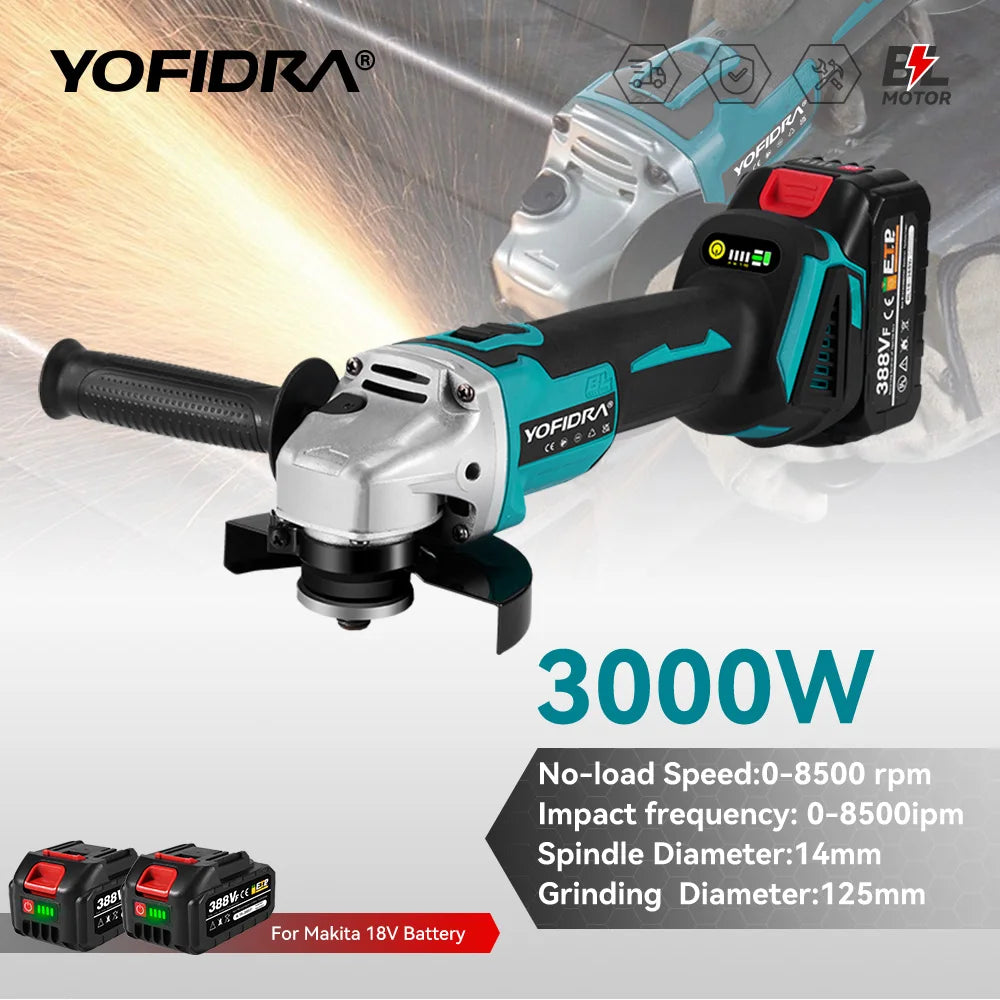 YOFIDRA 3000W 125mm Brushless Electric Angle Grinder – Metal & Wood Cutting, Grinding & Polishing Tool for Makita Battery Pin