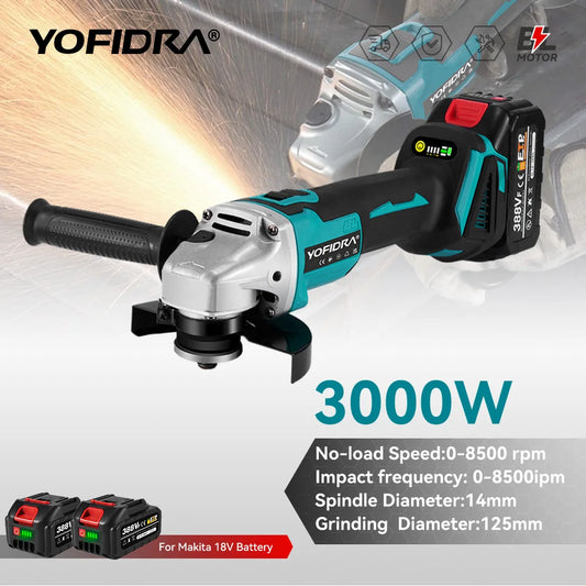 YOFIDRA 3000W 125mm Brushless Electric Angle Grinder – Metal & Wood Cutting, Grinding & Polishing Tool for Makita Battery Pin