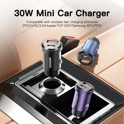 Essager 30W Fast USB Car Charger - Quick Charge 4.0 & PD 3.0 for iPhone 14, Huawei, Samsung, Xiaomi
