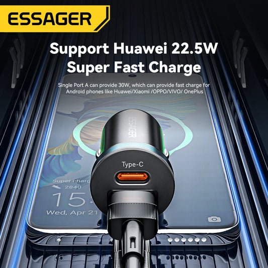 Essager 30W USB C Car Charger - Fast PD QC 3.0 & SCP 5A for iPhone, Xiaomi, Samsung