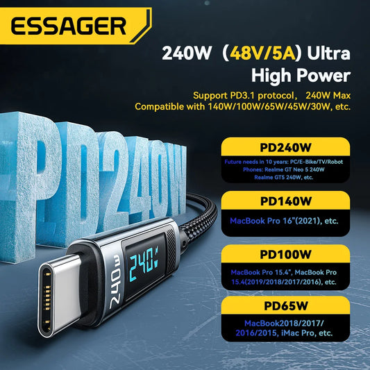 Essager 240W USB-C to USB-C Cable - 100W PD 3.1 Fast Charging for MacBook Pro, Xiaomi, Samsung, 2M Length
