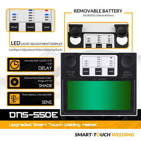 DEKO Solar automatisch verduisterende lashelm – brede tint 9–13 met vervangbare batterij voor TIG, MIG en MMA