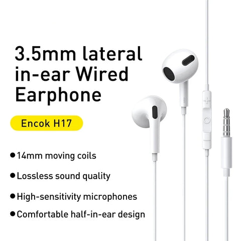 Baseus Wired In-Ear Earphones with Microphone for Xiaomi & Samsung - 3.5mm, 1.1m Cable, Sport Control