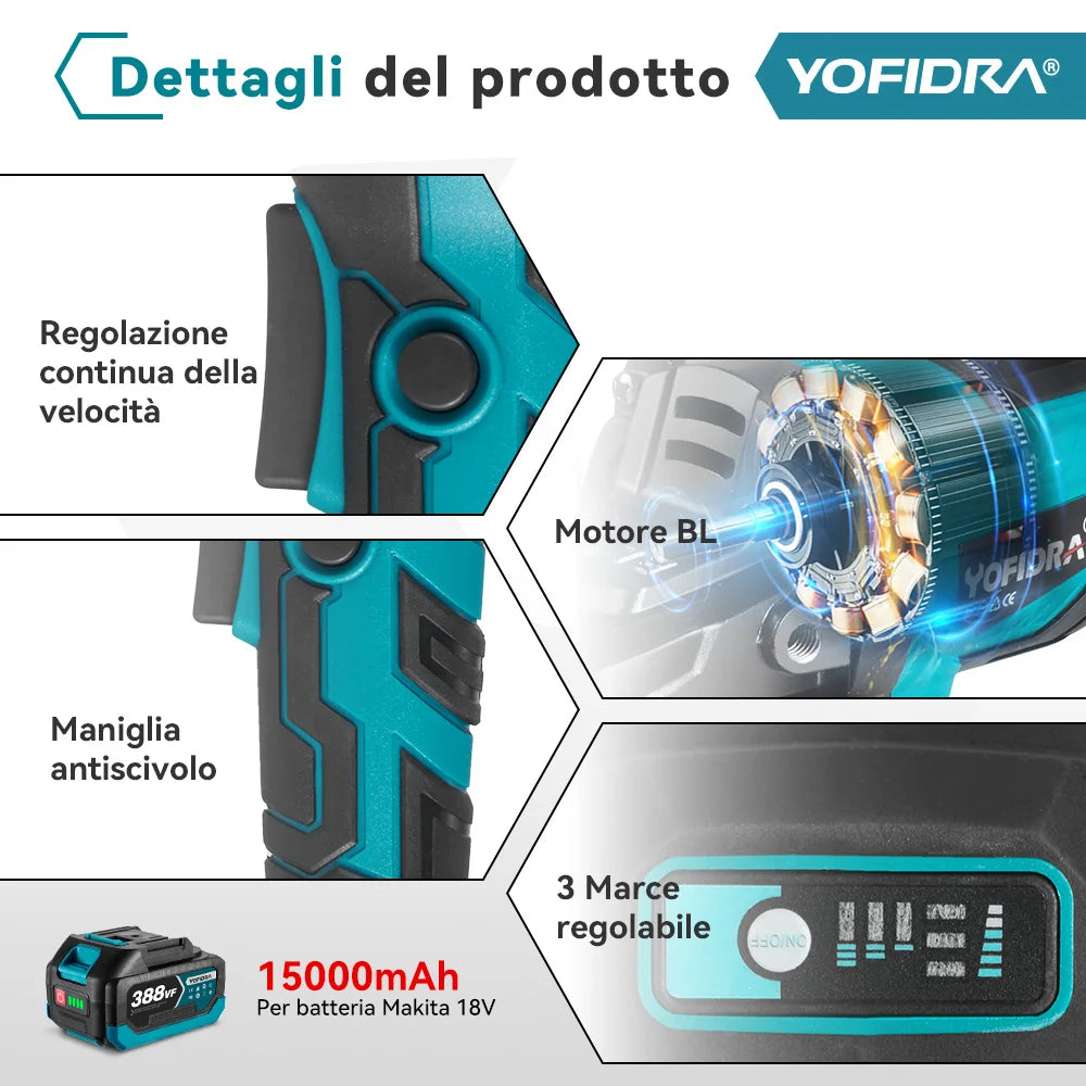 YOFIDRA 2-in-1 125mm Brushless Angle Grinder – 3-Speed Woodworking Polisher & Cutter for Makita Battery Pin