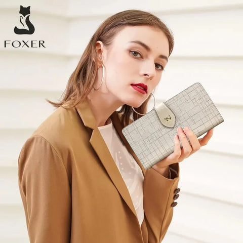 FOXER Split Leather Women's Long Clutch Wallet - 2025 Fashion Lightweight Card Bag