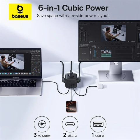 Baseus 67W GaN Fast Charger Power Strip - 3 AC Outlets & USB-C Fast Charging for Laptops, iPhones, Samsung, Xiaomi