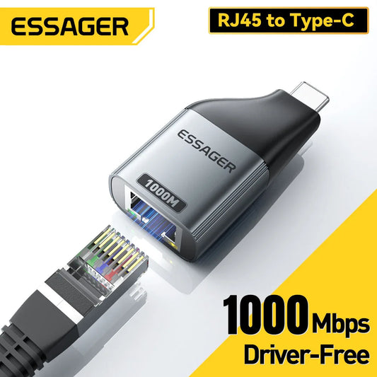 Essager Type-C to Ethernet Adapter – 1000Mbps Gigabit High-Speed RJ45 for MacBook & Laptops