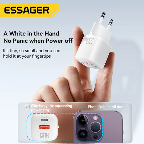 Essager 20W GaN USB-C Fast Charger with PD & QC 3.0 for iPhone 14/13/12/11 Pro Max, Mini & iPad