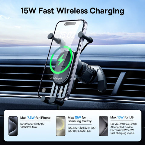 Baseus 15W Wireless Car Charger & Phone Holder with Auto Locking Hook Clip for iPhone, Xiaomi, Samsung