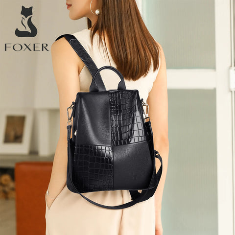 FOXER Women's Large Capacity Backpack - Elegant Travel Rucksack in Soft Split Leather