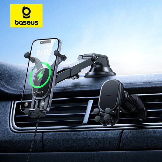 Baseus 15W Wireless Car Charger & Phone Holder with Auto Locking Hook Clip for iPhone, Xiaomi, Samsung