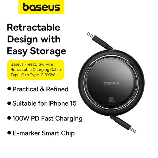 Baseus Retractable 100W USB-C Charging Cable for iPhone 15/16 Pro Max, MacBook, iPad, Xiaomi & Samsung (2/5PCS)