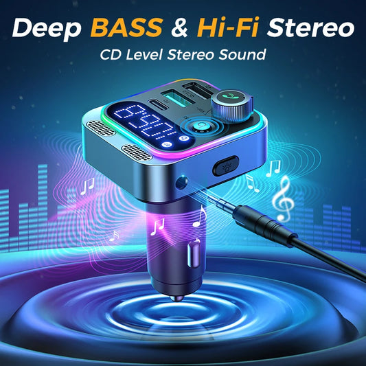 2024 Bluetooth 5.3 FM Transmitter - Deep Bass Sound, Dual Mics, 48W PD & QC3.0 Car Charger