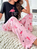 Women's Flamingo & Slogan Print Casual Pajama Set, Short Sleeve Round Neck Top & Pants, Comfortable Relaxed Fit