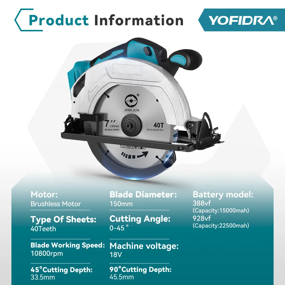 YOFIDRA 10800RPM 5/7 Zoll Elektrische Kreissäge Handheld Multifunktions Wiederaufladbare Schneidemaschine Für Makita Batterie Pin