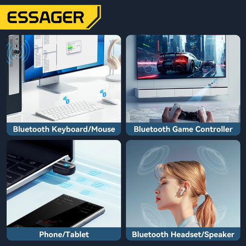Essager Bluetooth 5.3 USB Adapter Dongle for PC & Laptops – Connect Speakers, Mice & Keyboards Wirelessly