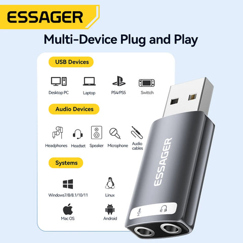 Essager USB Sound Card Adapter for 3.5mm Earphones & Microphones - Ideal for PS4, Laptops, and Computers