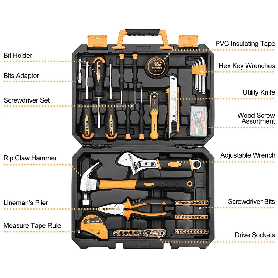DEKO DKMT Hand Tool Set – Woodworking Multi-Tool with Box, Socket Set & Torque Wrench