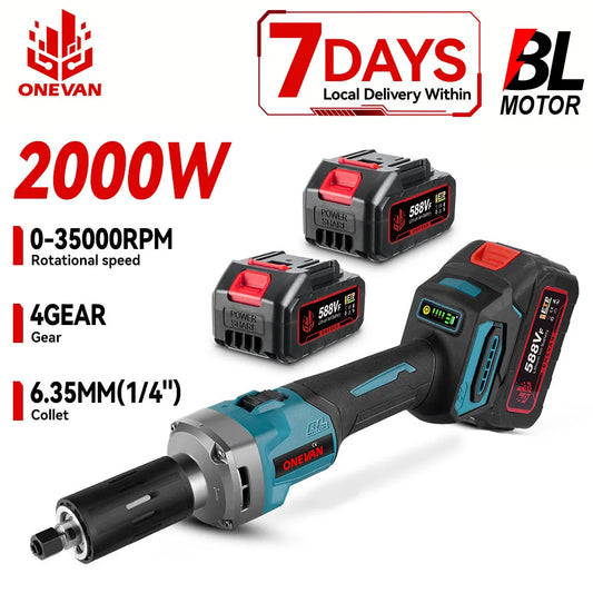 ONEVAN 2000W Brushless Cordless Die Grinder – 4-Speed Variable Handheld Rotary Tool for Makita Batteries