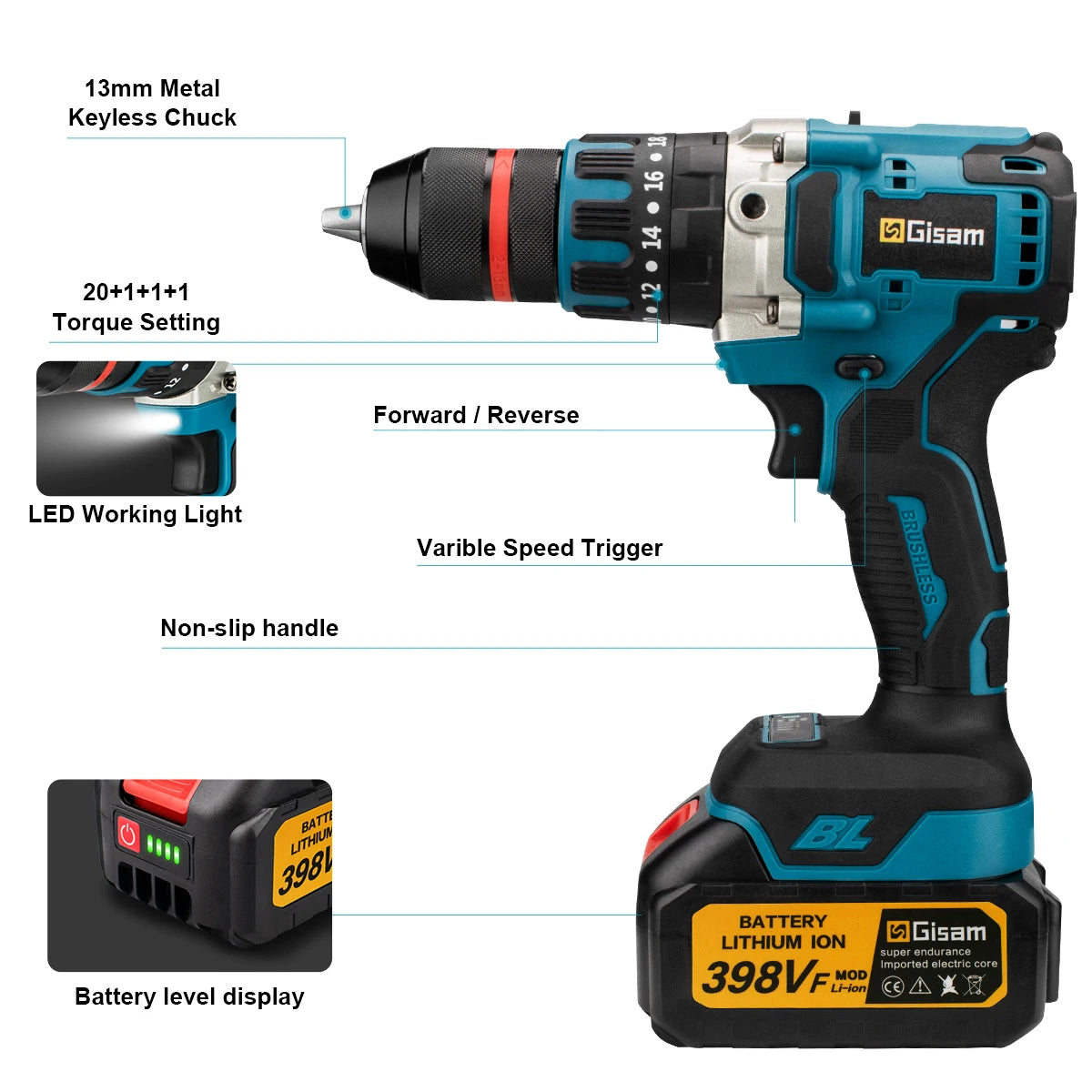 480Nm Brushless Cordless Impact Drill Driver – 13mm Electric Screwdriver for DIY, Compatible with Makita 18V Battery Pin