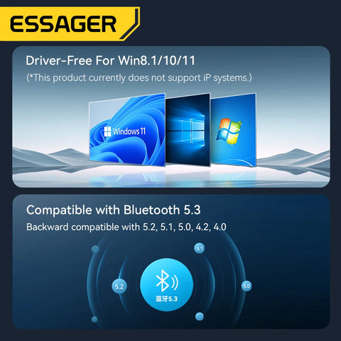 Essager Bluetooth 5.3 USB Adapter Dongle for PC & Laptops – Connect Speakers, Mice & Keyboards Wirelessly
