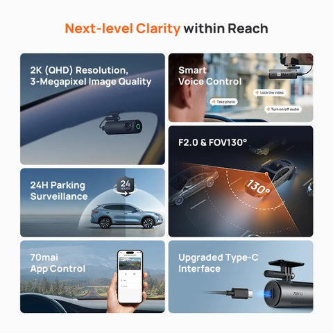 70mai Dash Cam M310: 1296P HD, slimme spraakbediening, 24/7 parkeerbewaking