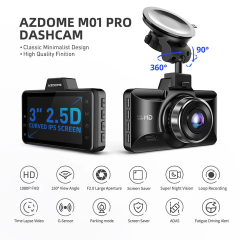 AZDOME M01 Pro Dash Cam – 3" IPS Screen 1080P Dual-Channel Car DVR with ADAS & Parking Mode