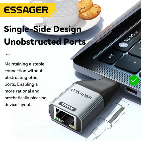 Essager Type-C to Ethernet Adapter - 1000Mbps Gigabit Speed for MacBook & Laptops - RJ45 Wired Connectivity