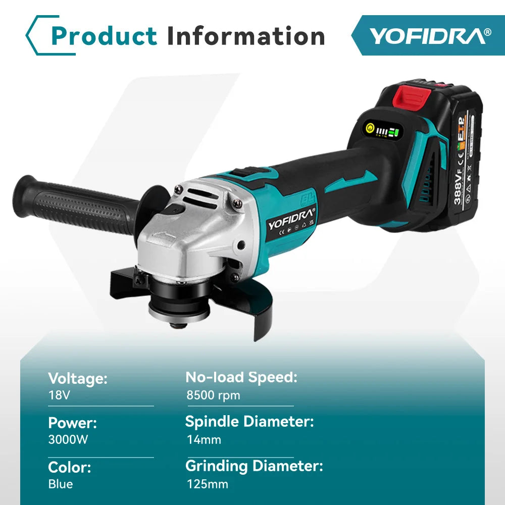 YOFIDRA 3000W 125mm Brushless Electric Angle Grinder – Metal & Wood Cutting, Grinding & Polishing Tool for Makita Battery Pin