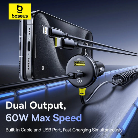 Baseus Retractable 60W Car Charger with Fast Charging Cable for iPhone, Samsung, Xiaomi