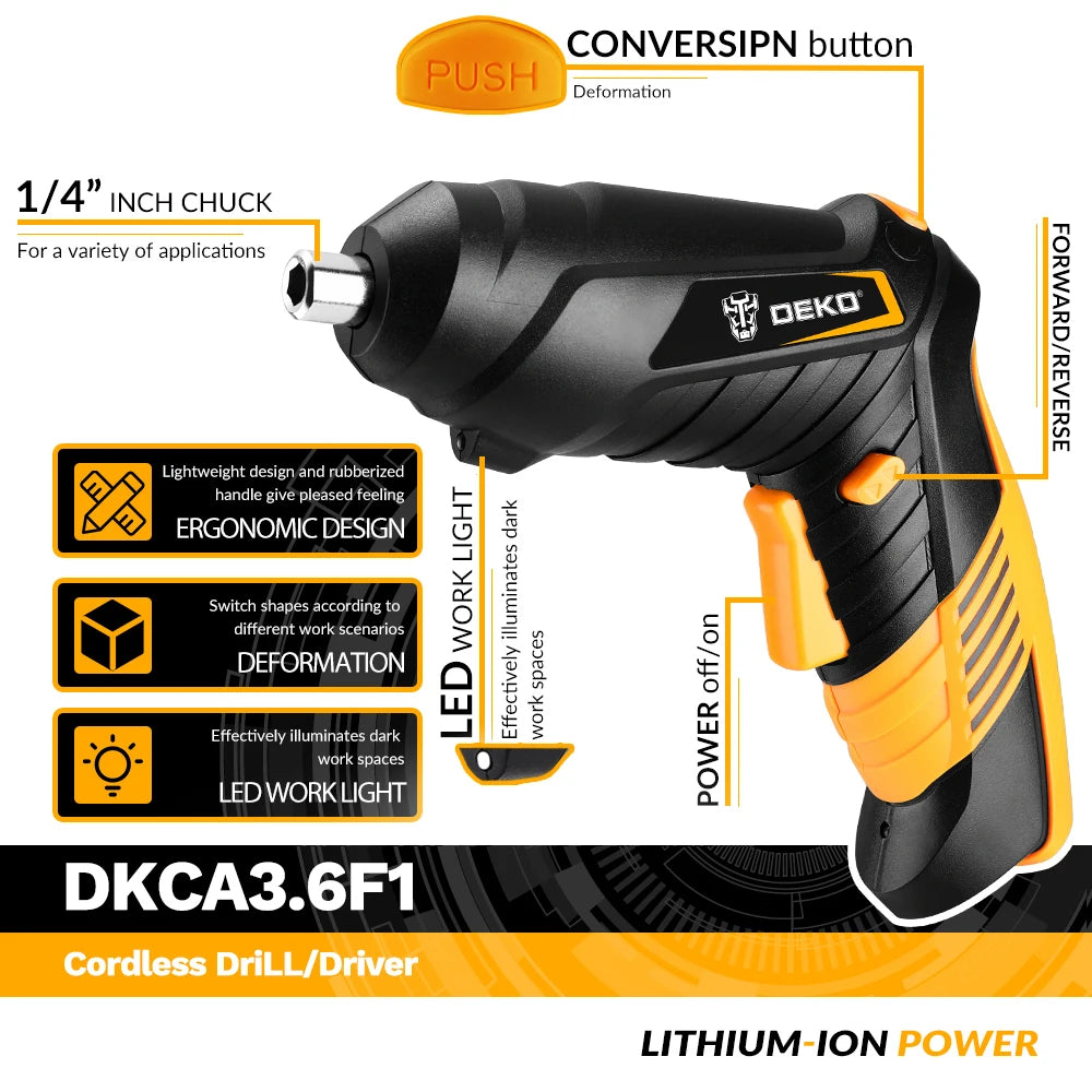 DEKO DKCS 3.6 F1 Mini Electric Screwdriver – Rechargeable Rotating-Handle Cordless Driver for Woodworking