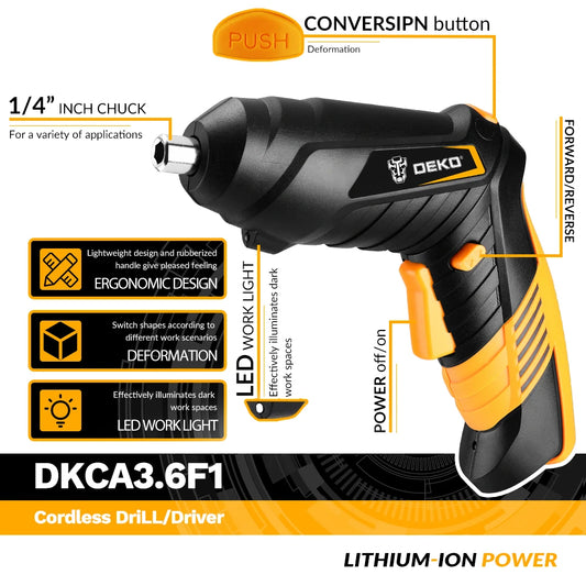 DEKO DKCS 3.6 F1 Mini elektrische schroevendraaier – oplaadbare, draadloze schroevendraaier met draaibare handgreep voor houtbewerking