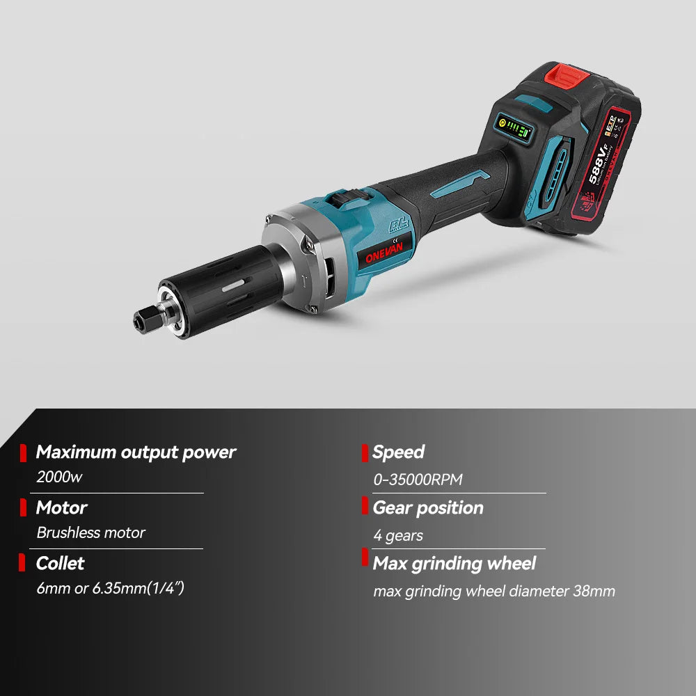 ONEVAN 2000W Brushless Cordless Die Grinder – 4-Speed Variable Handheld Rotary Tool for Makita Batteries