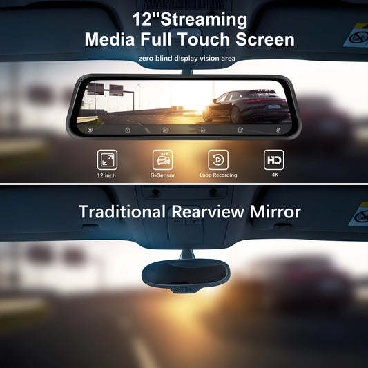 Podofo 12'' autospiegelmonitor met 4K Ultra HD-opname en slimme functies