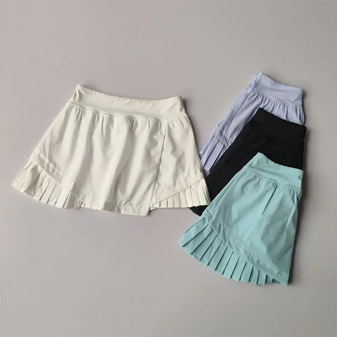 Snel drogende geplooide sportrok met hoge taille – Zomerskort met gevoerde shorts voor yoga en fitness