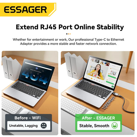 Essager Type-C to Ethernet Adapter – 1000Mbps Gigabit High-Speed RJ45 for MacBook & Laptops
