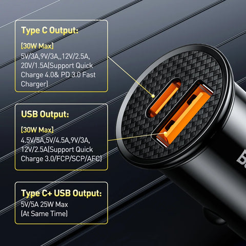 Baseus 30W Fast Car Charger - Quick Charge 4.0/3.0, USB PD for iPhone 16/15/14 Pro Max & Xiaomi