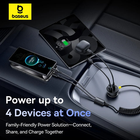 Baseus Retractable 60W Car Charger with Fast Charging Cable for iPhone, Samsung, Xiaomi