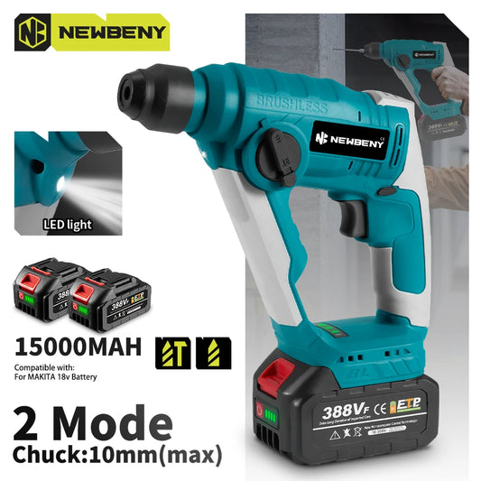 NEWBENY 2-Mode Brushless Cordless Rotary Hammer – 10mm Impact Drill for Woodworking, Compatible with Makita Battery Pin