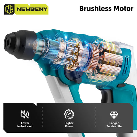 NEWBENY 2-standen borstelloze snoerloze boorhamer – 10 mm slagboormachine voor houtbewerking, compatibel met Makita accupen