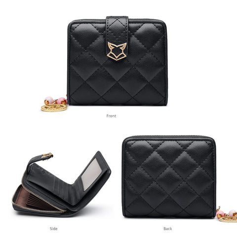 FOXER Dames Split Leather Portemonnee - Modieuze Geruite Rits Portemonnee